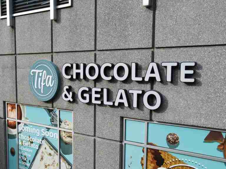 Tifa Chocolate and Gelato storefront with wall sign and window graphics, exterior sign, by Capital Sign Solutions